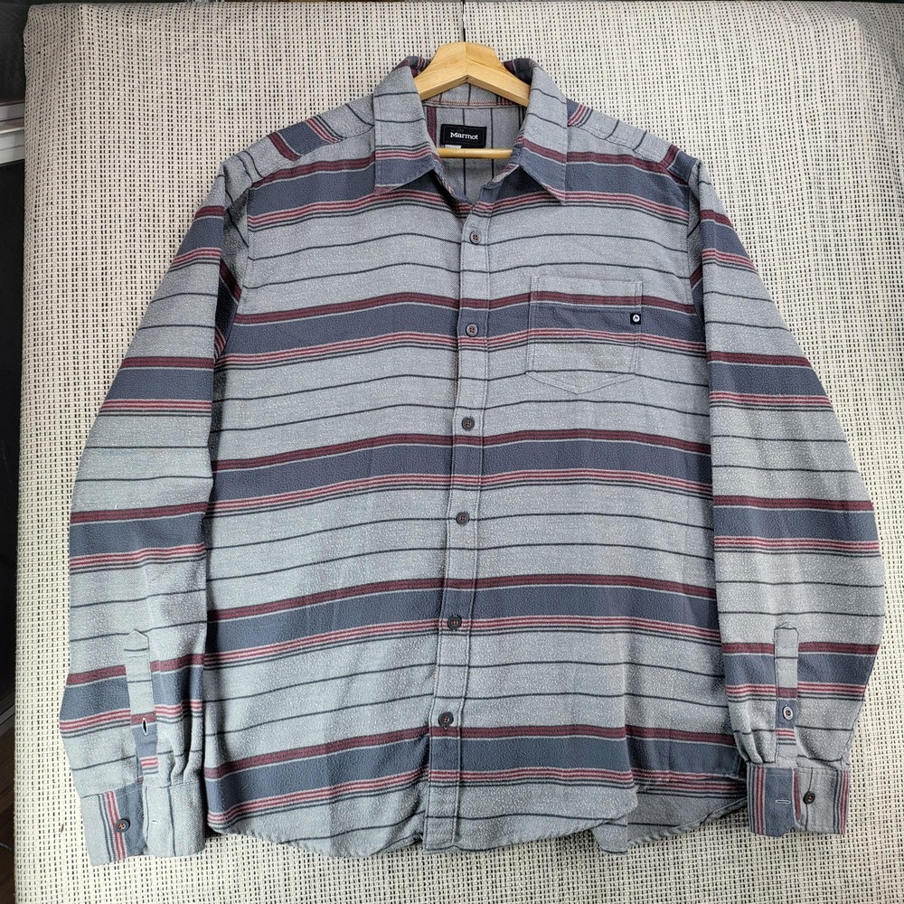 Marmot Shirt Mens XL Gray Red Striped Button Up Long Sleeve‎ Casual Outdoors